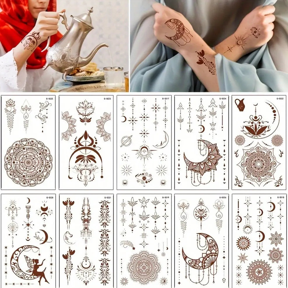 10 Sheets Ramadan & Eid Al-Fitr and Eid Al Adha Temporary Tattoo Stickers - Eid Mubarak Body & Face Art with Crescent Moon, Stars, Mosque Designs - Festive Islamic Decoration for Celebrations, Oblong Party Accessories Glamor n Glow