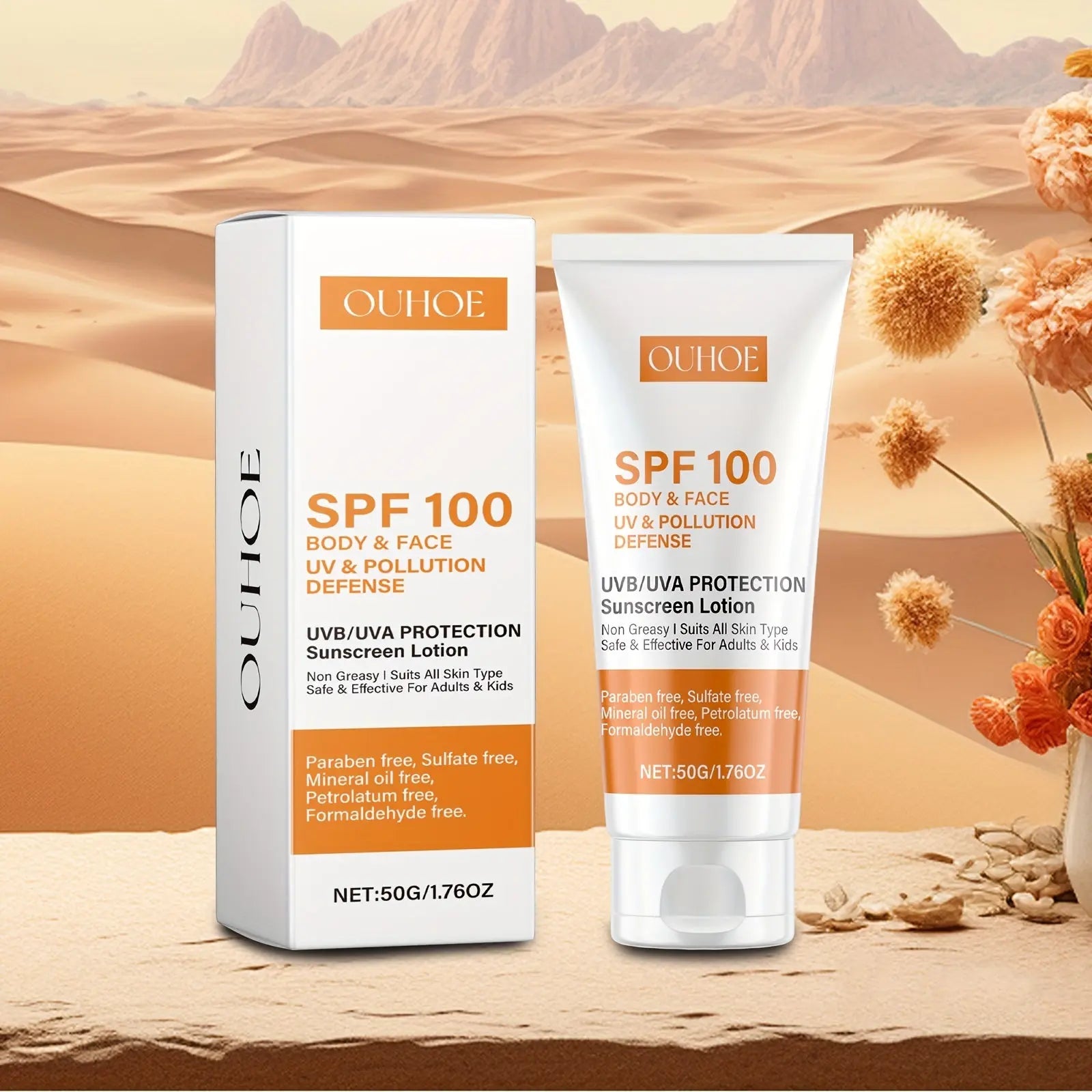 OUHOE SPF 100 Sunscreen Lotion with Vitamin E & Hyaluronic Acid – Broad Spectrum UVA/UVB Protection, Moisturizing & Refreshing, Non-Sticky Alcohol-Free Formula for All Skin Types – 50g/1.76 fl.oz - Glamor n Glow