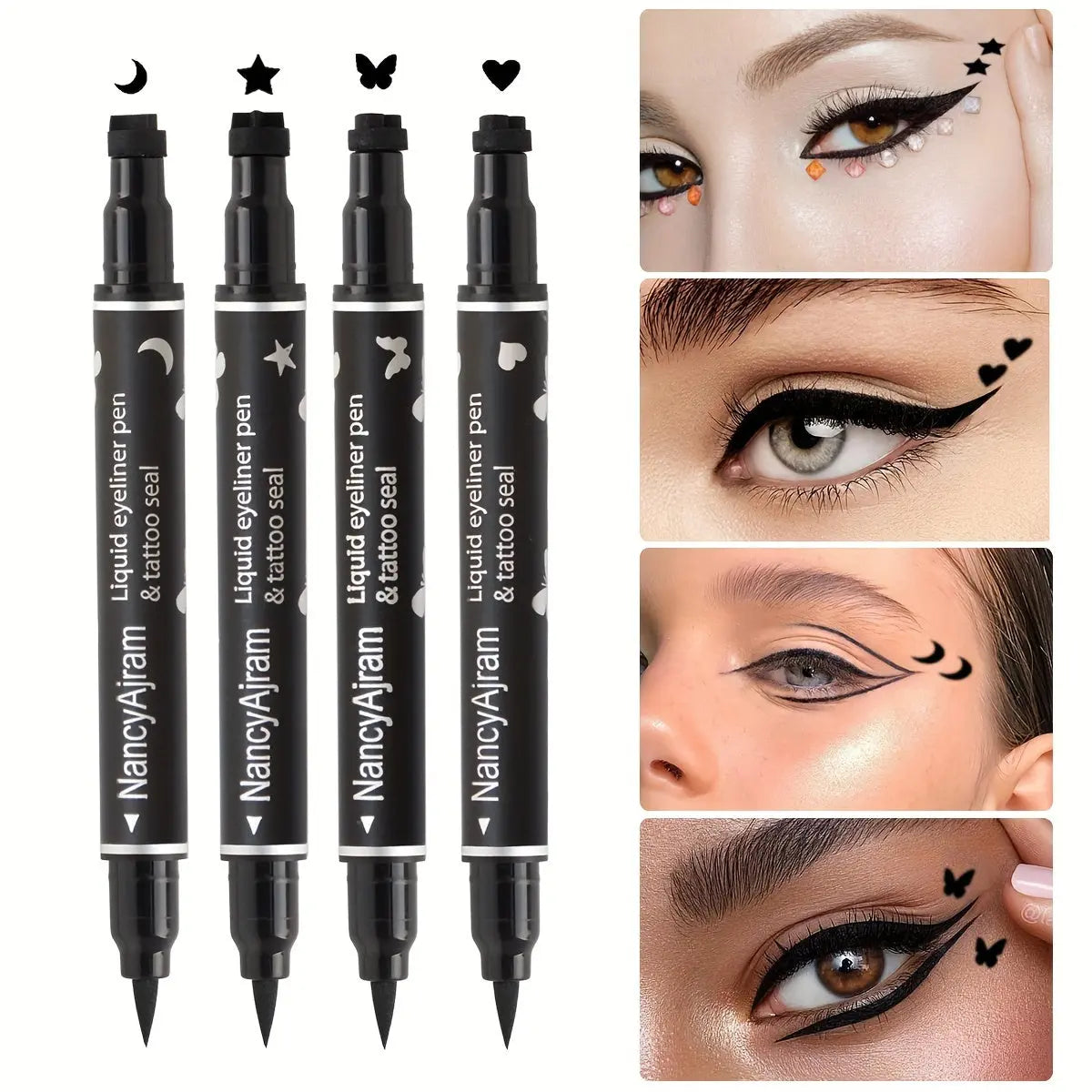 4pcs Waterproof Eyeliner Liquid Eyeliner Pen Set with Dual-Tip Stamps - Waterproof, Long-Lasting, Black Ink - Includes Heart, Moon, Butterfly, Star Shapes for Creative Eye Makeup, Eyeliner Stamp Glamor n Glow