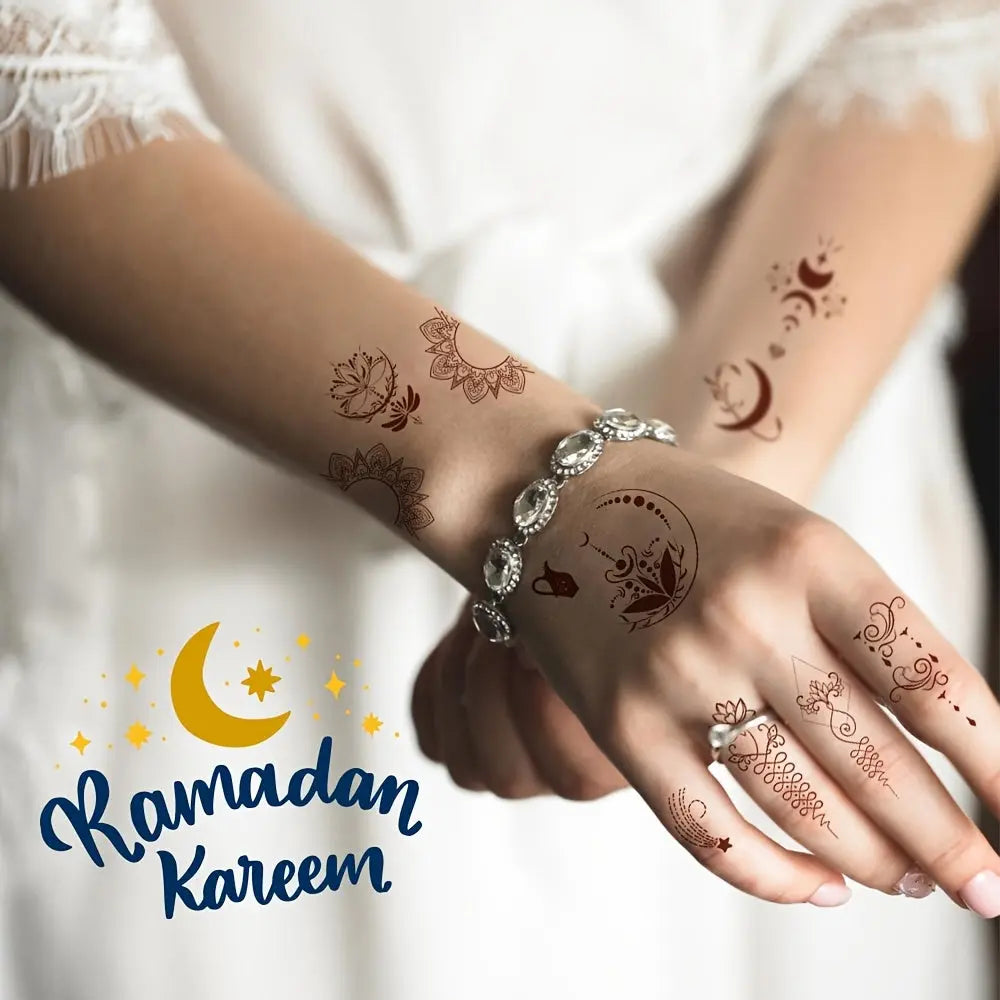 10 Sheets Ramadan & Eid Al-Fitr and Eid Al Adha Temporary Tattoo Stickers - Eid Mubarak Body & Face Art with Crescent Moon, Stars, Mosque Designs - Festive Islamic Decoration for Celebrations, Oblong Party Accessories Glamor n Glow