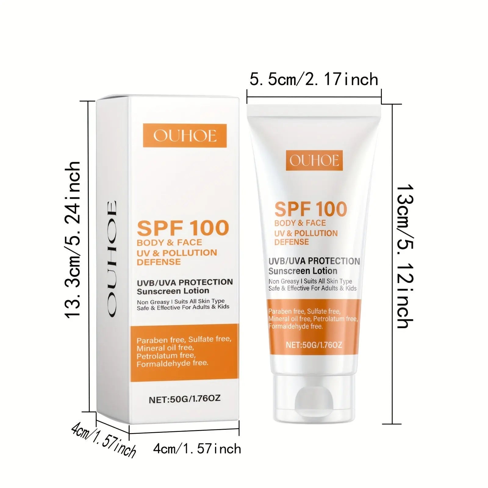 OUHOE SPF 100 Sunscreen Lotion with Vitamin E & Hyaluronic Acid – Broad Spectrum UVA/UVB Protection, Moisturizing & Refreshing, Non-Sticky Alcohol-Free Formula for All Skin Types – 50g/1.76 fl.oz - Glamor n Glow