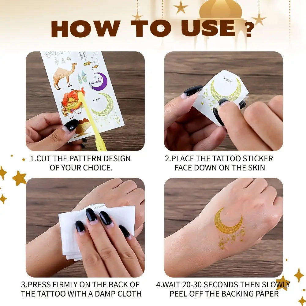 10 Sheets Ramadan & Eid Al-Fitr and Eid Al Adha Temporary Tattoo Stickers - Eid Mubarak Body & Face Art with Crescent Moon, Stars, Mosque Designs - Festive Islamic Decoration for Celebrations, Oblong Party Accessories Glamor n Glow