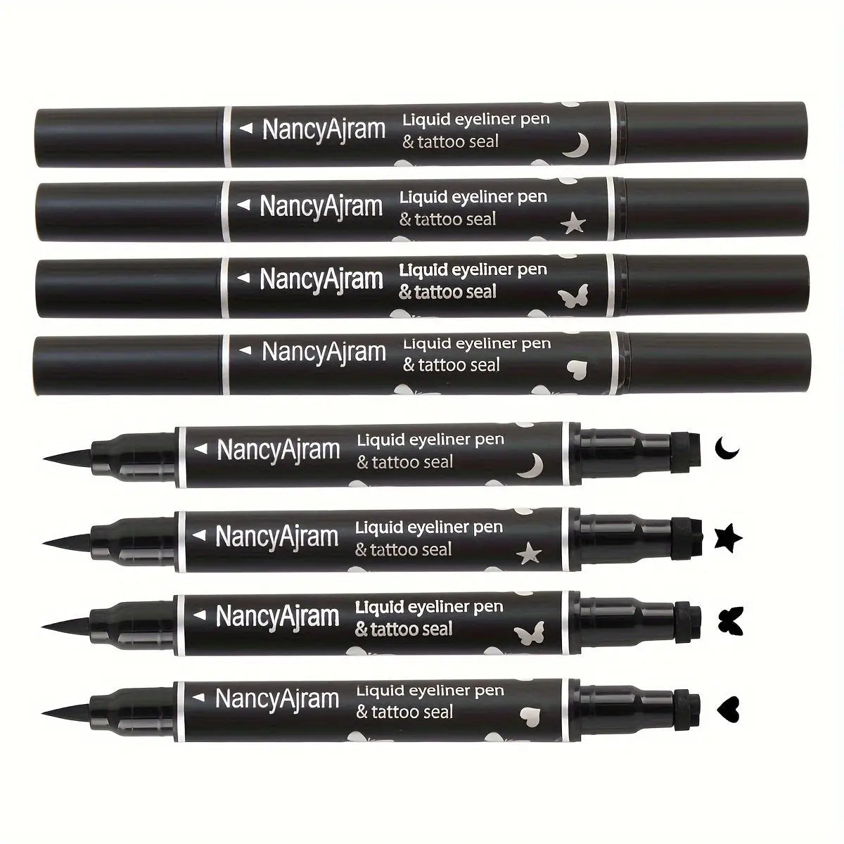 4pcs Waterproof Eyeliner Liquid Eyeliner Pen Set with Dual-Tip Stamps - Waterproof, Long-Lasting, Black Ink - Includes Heart, Moon, Butterfly, Star Shapes for Creative Eye Makeup, Eyeliner Stamp - Glamor n Glow