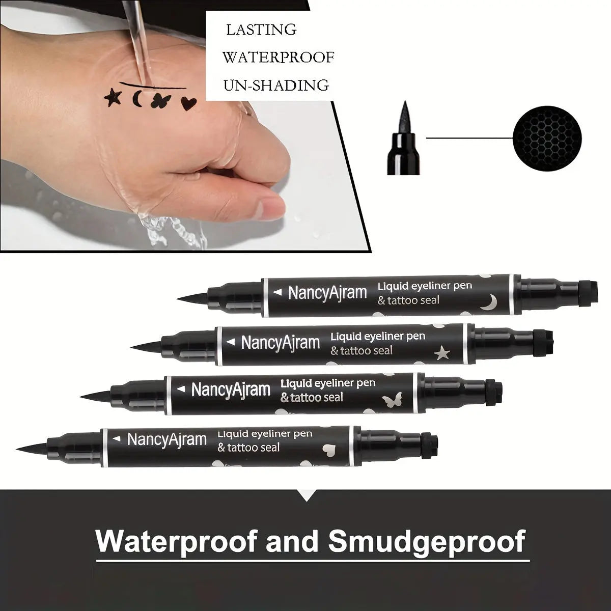 4pcs Waterproof Eyeliner Liquid Eyeliner Pen Set with Dual-Tip Stamps - Waterproof, Long-Lasting, Black Ink - Includes Heart, Moon, Butterfly, Star Shapes for Creative Eye Makeup, Eyeliner Stamp - Glamor n Glow