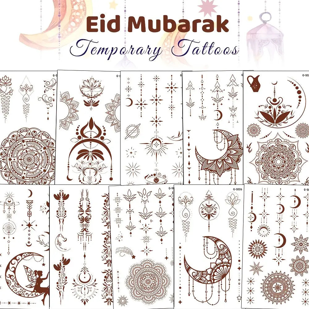 10 Sheets Ramadan & Eid Al-Fitr and Eid Al Adha Temporary Tattoo Stickers - Eid Mubarak Body & Face Art with Crescent Moon, Stars, Mosque Designs - Festive Islamic Decoration for Celebrations, Oblong Party Accessories Glamor n Glow