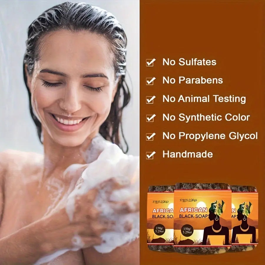 African Black Soap with Shea Butter - 150g Moisturizing and Nourishing, Gentle Deep Clean for All Skin Types, Alcohol-Free with Coconut Oil, Fresh Scented, Ideal for Body Use, Unisex-Adult, Perfect Gift for Parents and Friends - Glamor n Glow